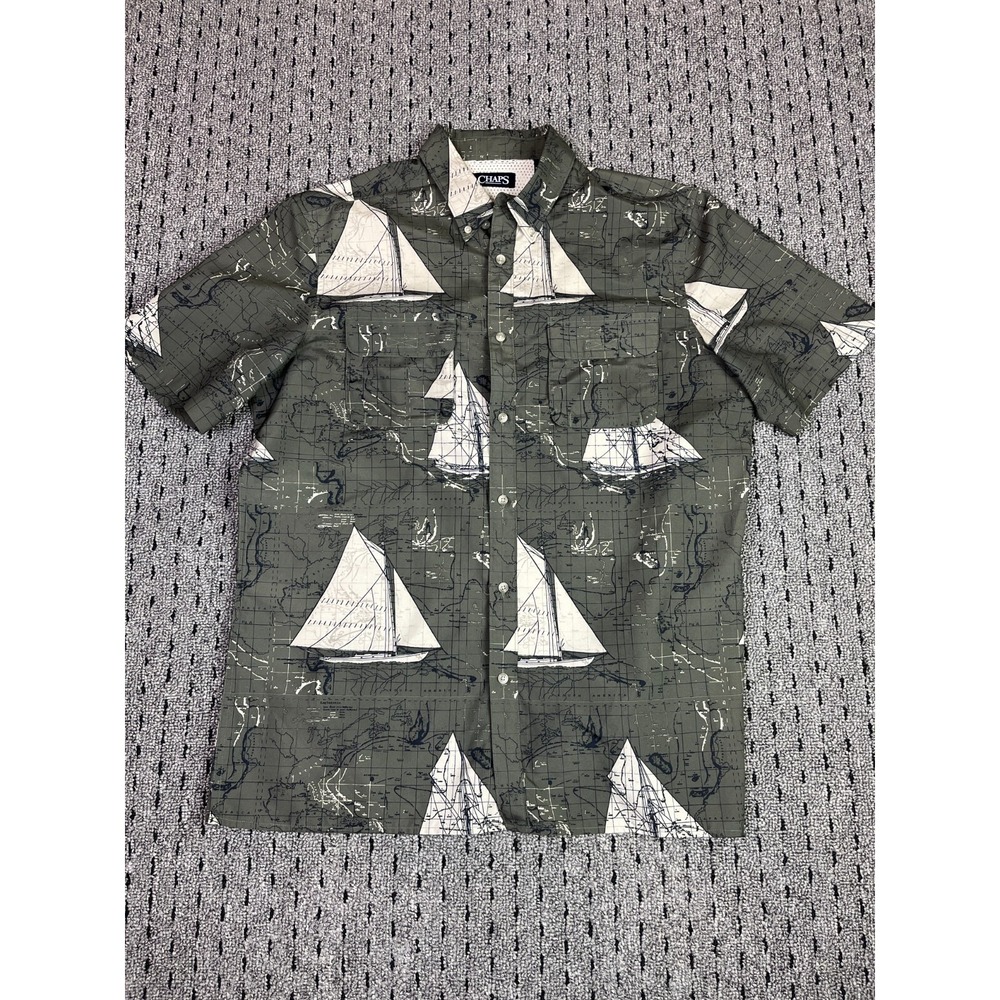 Chaps Shirt Large Mens‎ Fishing Sail Boat Green Short Sleeve Button-Down